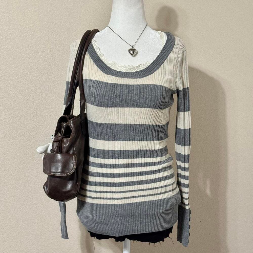 2000s grey and cream striped sweater with button cuff detail